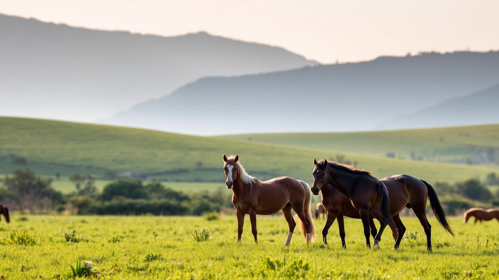 Horses grazing in green pasture below Mpumalanga hills