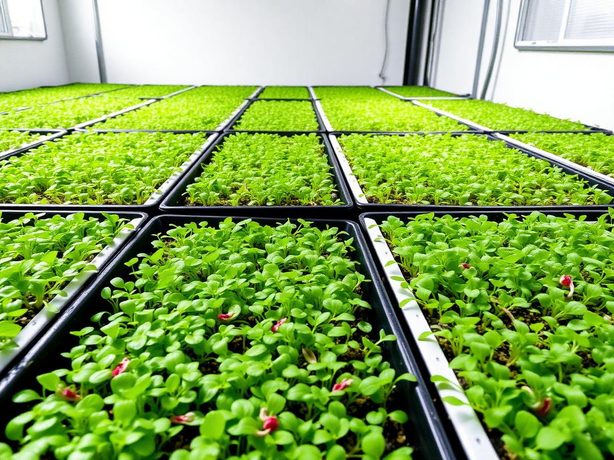 Trays of dense fresh microgreens growing under natural light