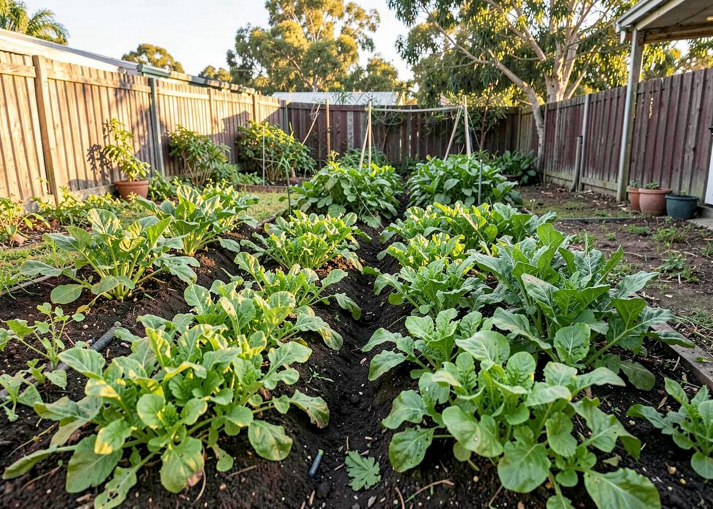 Productive vegetable garden with leafy crops and visible dark, healthy soil