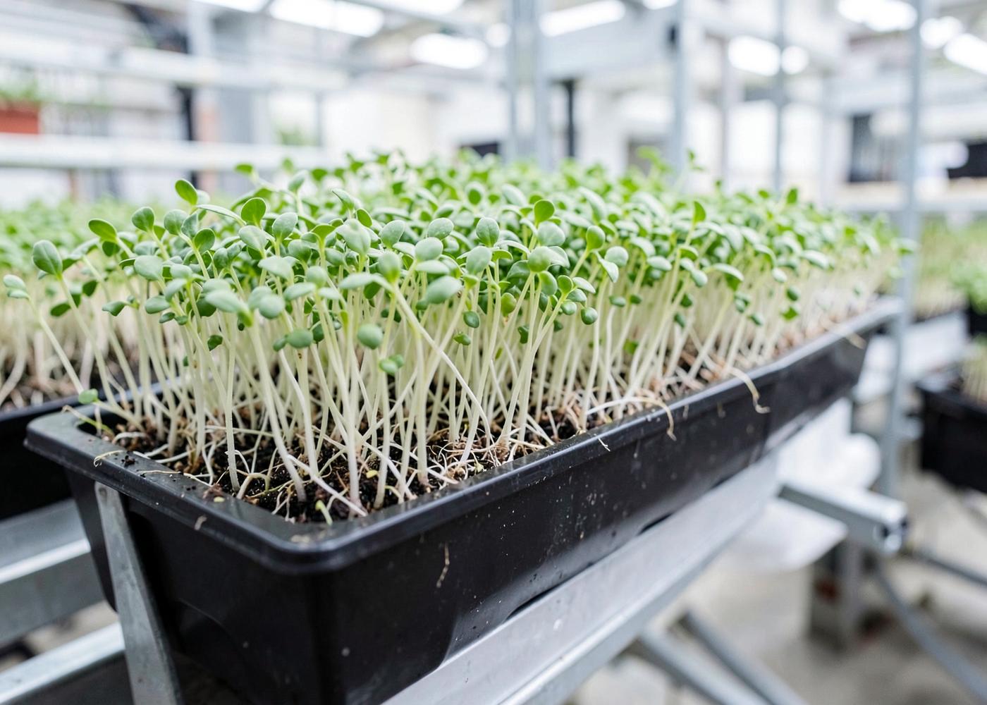 Microgreen trays showing dense white roots and clean growing media