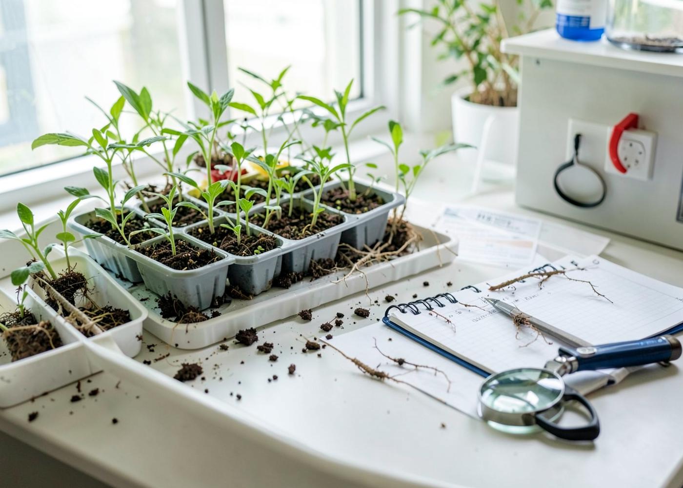 Agricultural research bench with seedling trays, roots and soil samples