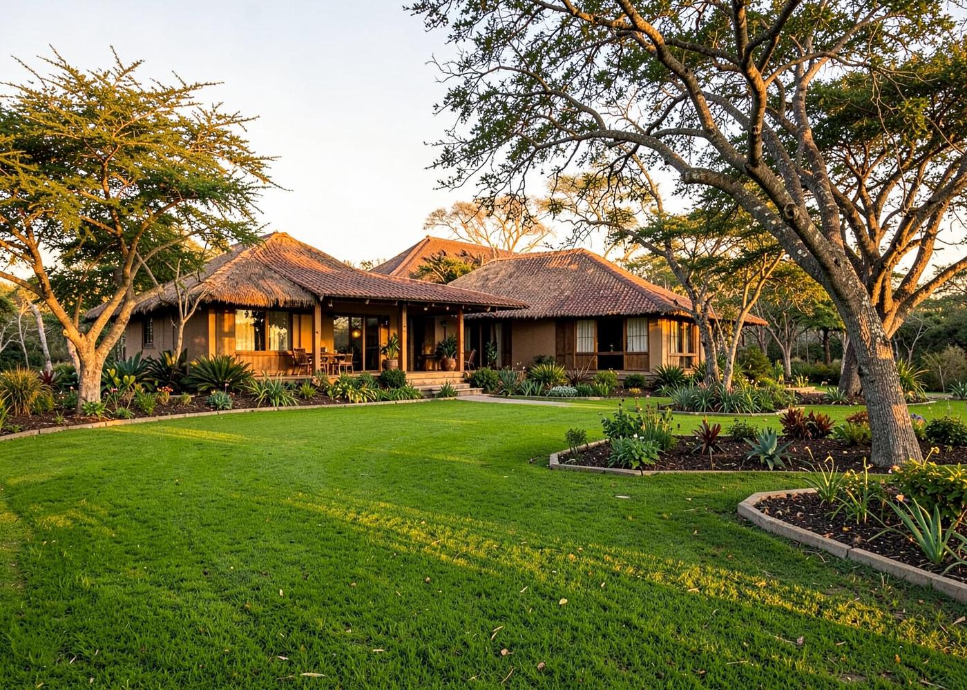 Healthy lawn and landscaped garden beds at a lodge in a natural African setting