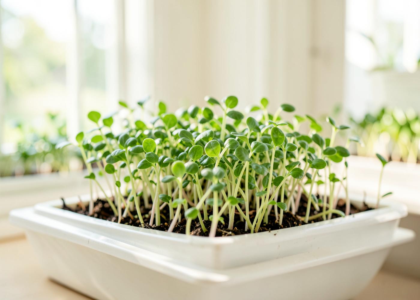 Vibrant fresh microgreens growing in a clean, bright growing room