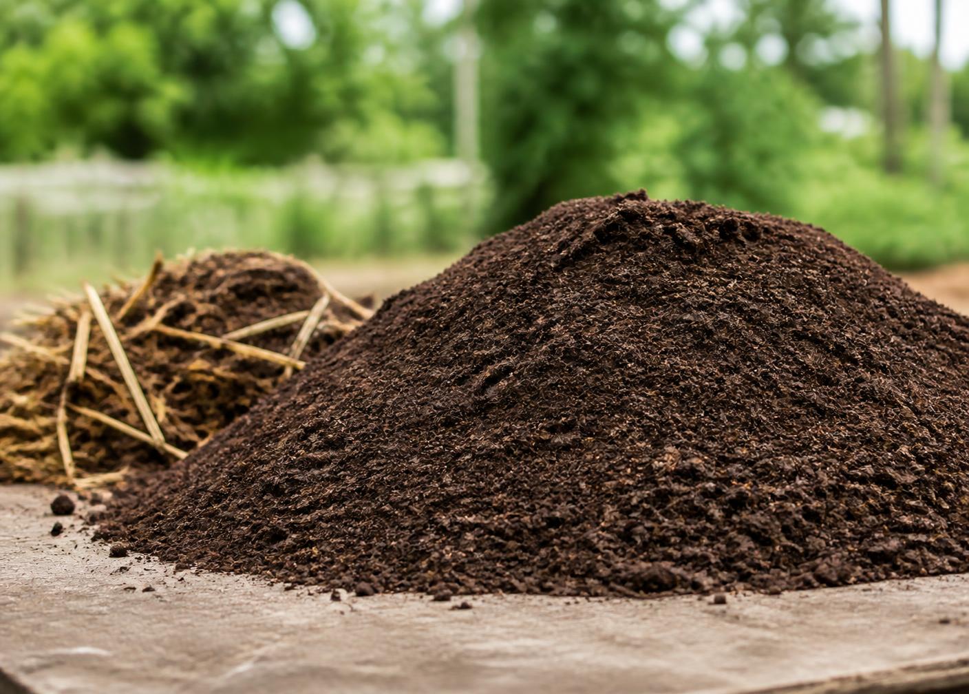Fine, dark screened horse manure with larger material separated beside it