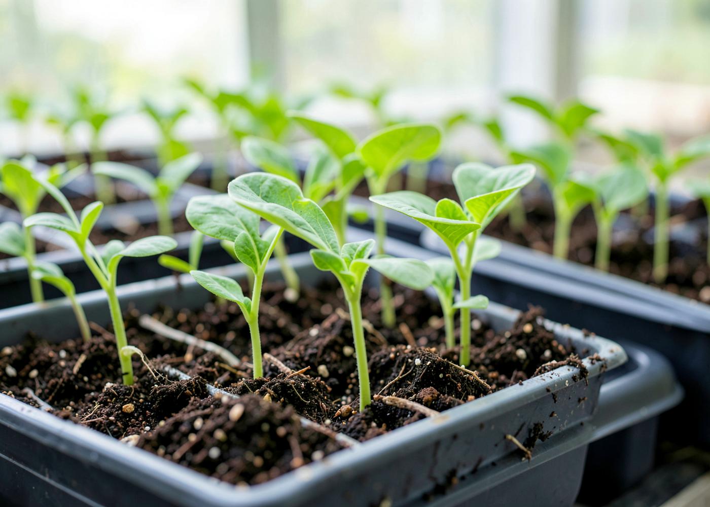 Healthy young seedlings emerging from clean growing media in propagation trays