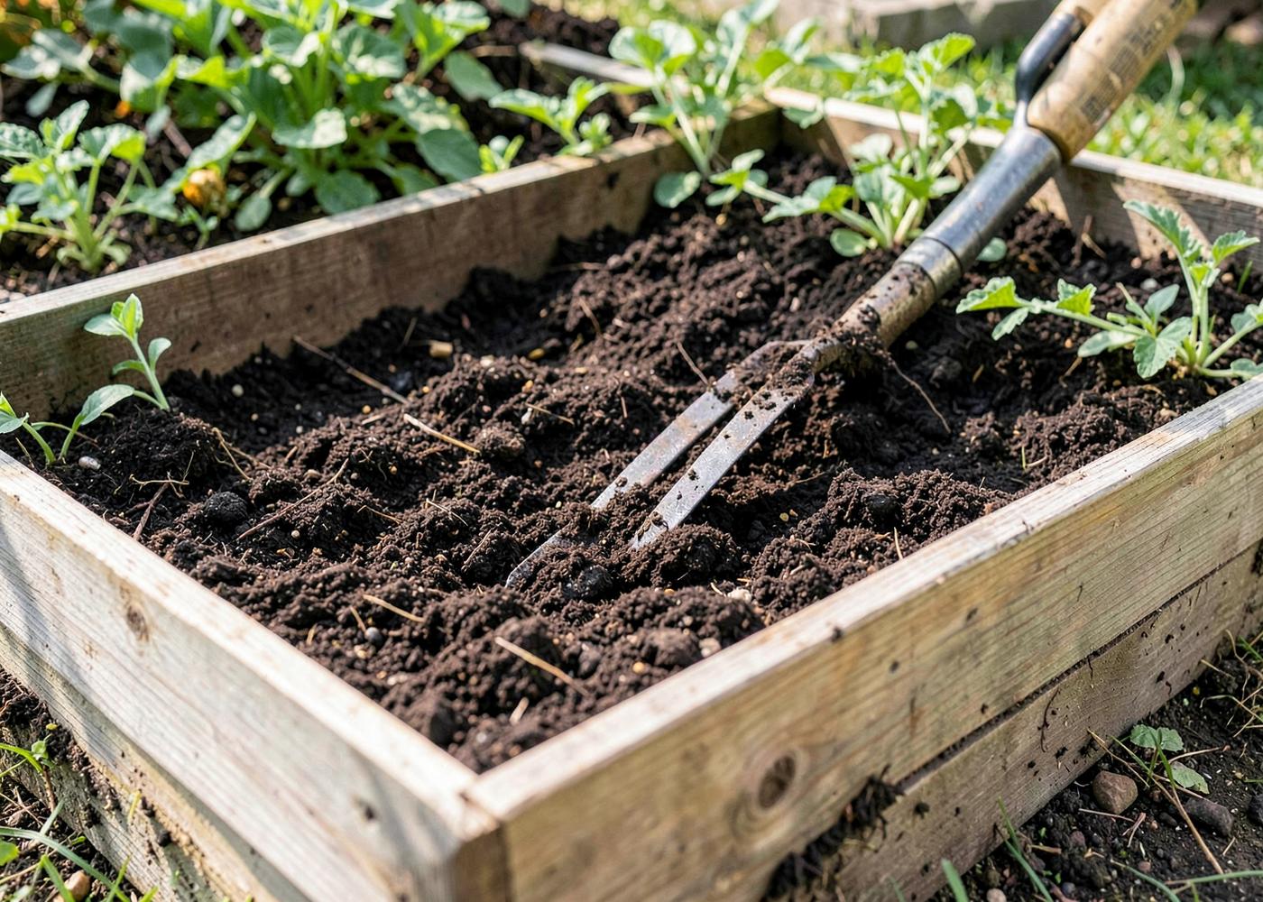 Rich dark organic soil being worked into a healthy raised garden bed