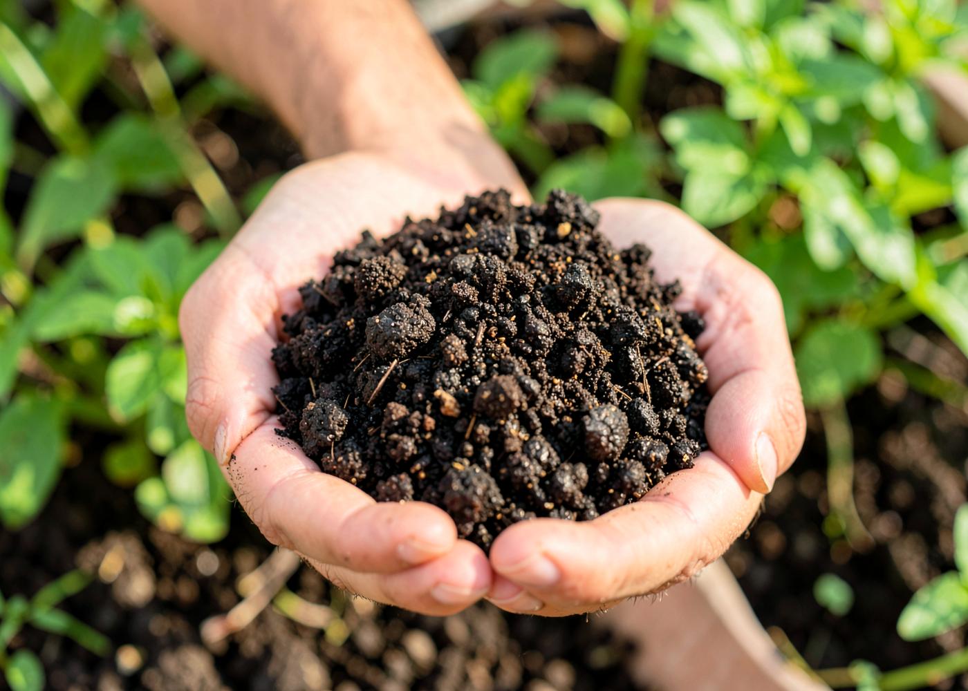 Mature dark vermicompost held in cupped hands above healthy soil and plants