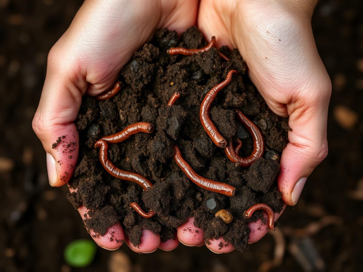 Hands holding mature vermicompost with composting worms visible